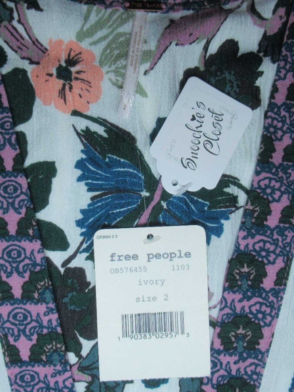 NWT Free People Ivory Floral Border Print Deep V Mini Dress | Size 2 - Picture 9 of 11